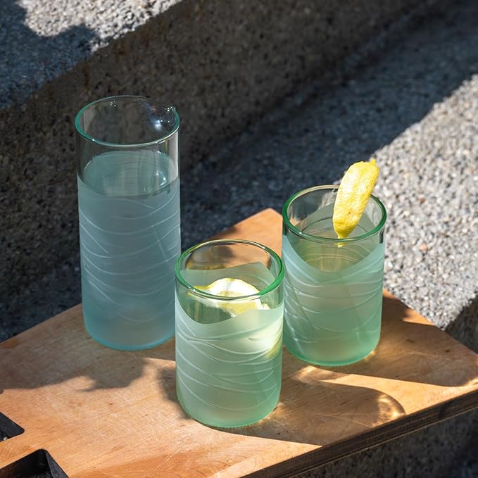 Rolf Glass Glacier Glass Tumbler + Pitcher Set - 12oz Tumbler, 16oz Pitcher | Recycled Glassware | Made in the USA | Antique Green Glass | Eco-Friendly Repurposed Wine Bottles | Set of 3