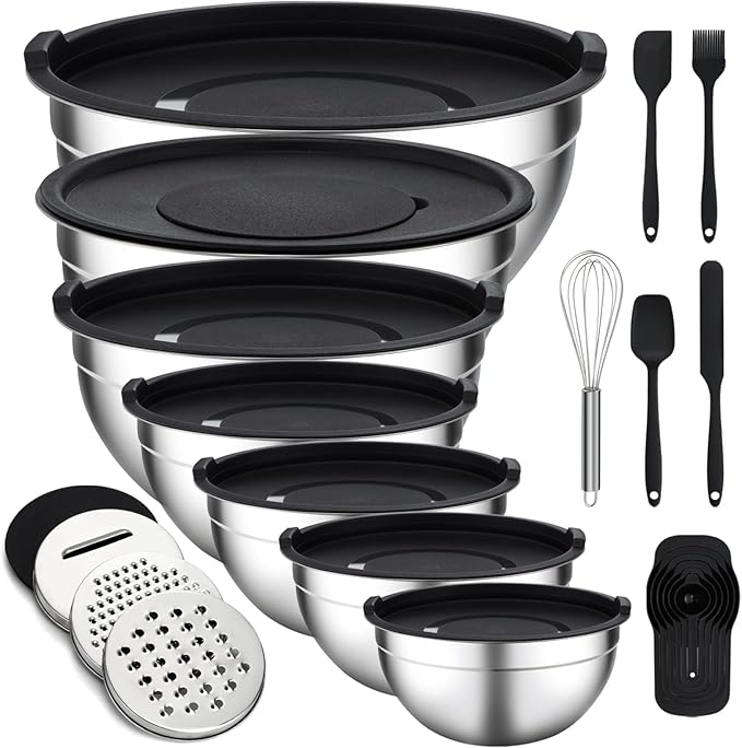 Unokit Mixing Bowls with Lids Set - 7 Pcs Stainless Steel Mixing Bowls with 3 Grater Attachments, Mixing Bowl Set