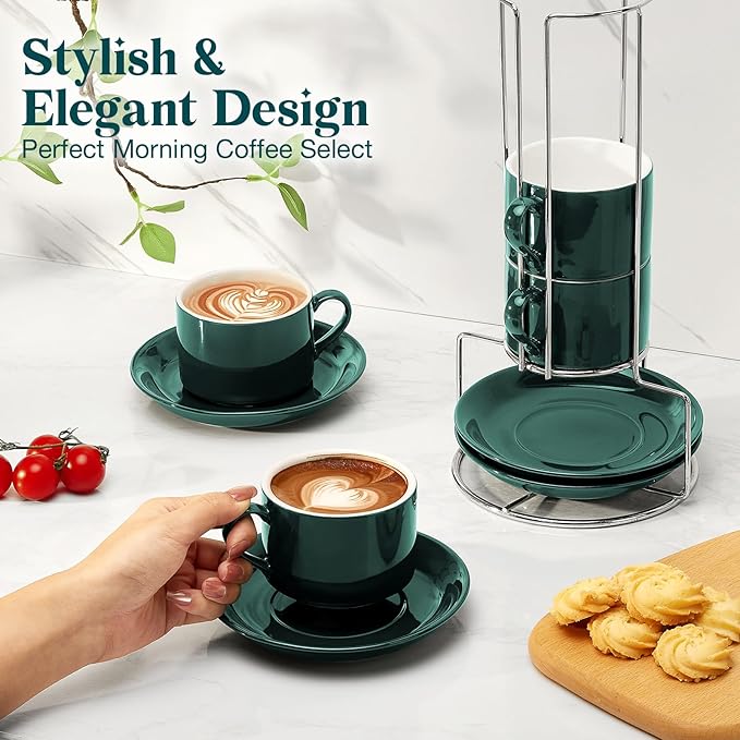 8 Ounce Green Porcelain Stackable Cappuccino Cups with Stainless Steel Holder, Set of 4, Durable Ceramic, Perfect for Home, Office or Gift