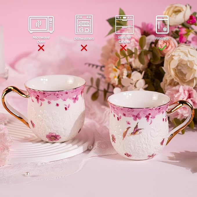 KAMMAK Coffee Mugs Ceramic Espresso Cups 16oz Porcelain Tea Cups Set of 2 Large Cappuccino Mugs with Handle Demitasse Mug for Hot Cocoa, Latte, Breakfast Cereal, Americano (Butterfly)