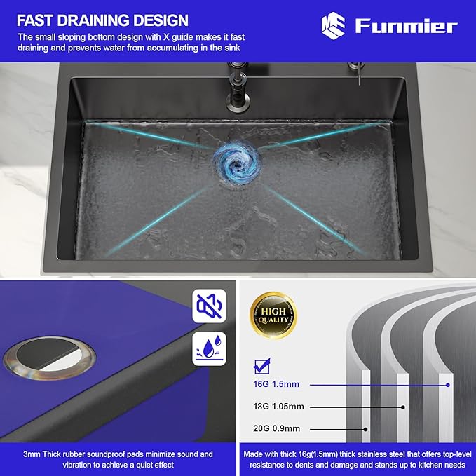 33 x 22 Drop In Kitchen Sink - Funmier 33 Inch Gunmetal Black Stainless Steel Topmount Kitchen Sink Single Bowl 16 Gauge Handmade 10" Deep Basin