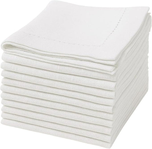 Ramanta Home Hemstitched Dinner Napkins Set of 12 - White, 18x18 Inches - Premium Textured Cotton Soft Cloth Napkins - Durable and Reusable for Weddings or Everyday Use