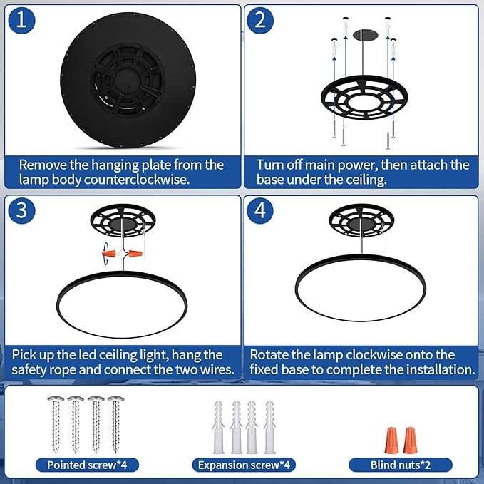 20 Inch Black Led Ceiling Light, Dimmable with Remote Control, Modern, Ultra Thin Flush Mount, Round Light Fixtures, 48W, 4800 Lumen, for Bedroom, Living Room, Kitchen, Dining Room