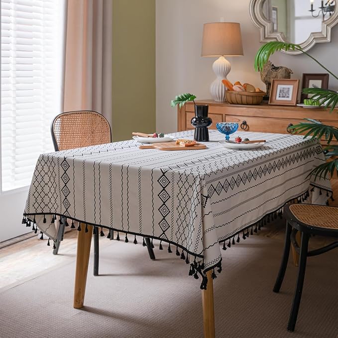 Cotton Linen Table Cloths Boho Farmhouse Heavy Fabric Table Cover Burlap Striped Washable Table Top For Parties Coffee Kitchen Picnic White Black Tassels(Rectangle/Oblong, 55" x 102"(8-10 Seats)