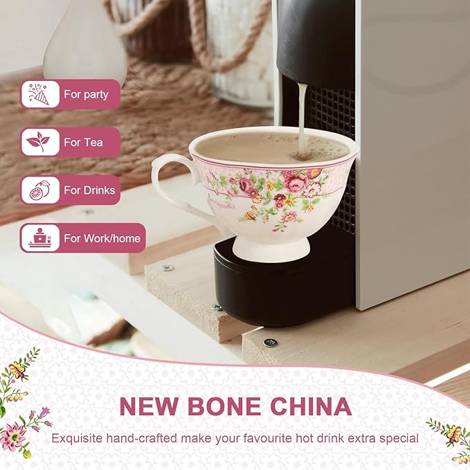 Cup and Saucer Sets of 6 with Spoon, 8oz Ceramic Tea Cups Saucers Set Porcelain New Bone China Floral Vintage Coffee Cup & Saucer Sets -Microwave Dishwasher Safe (Pink)