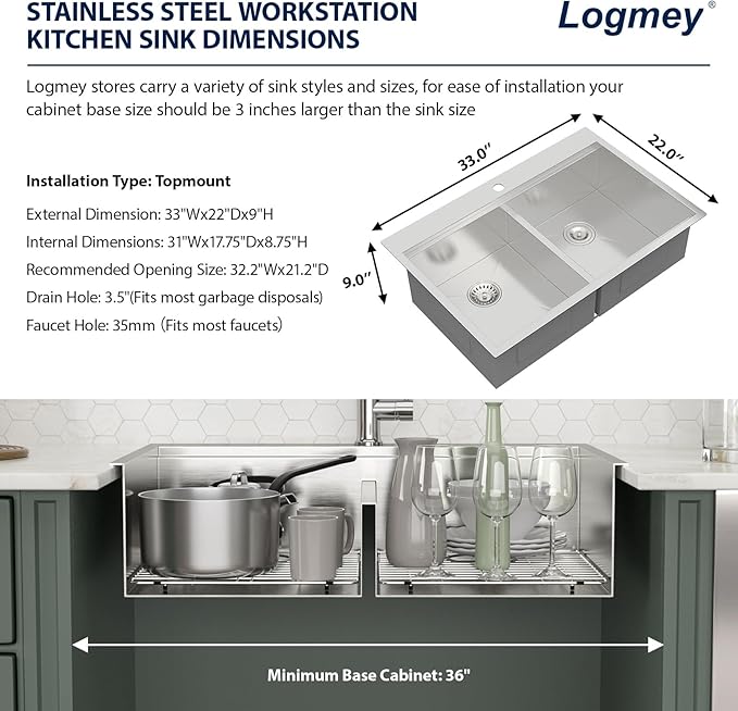 Logmey 33 Inch Double Bowl Kitchen Sink Drop In Kitchen Sinks Workstation 33x22x9 Inch 50/50 Stainless Steel 16 Gauge Handmade Topmount Sink