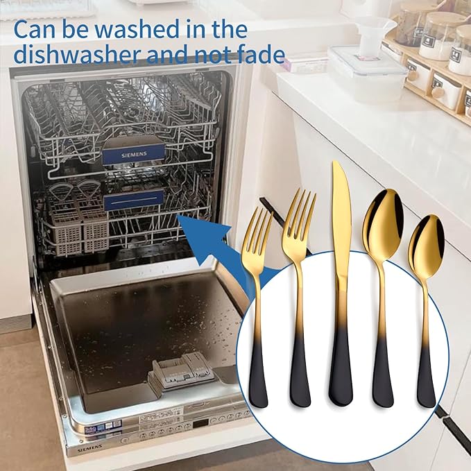 20-Piece Black Gold Silverware Set, 18/0 Stainless Steel Colorful Handle Flatware Set,Service for 4,Modern Cutlery Set Includes Dinner Knives Forks Spoons,Mirror Polished,Dishwasher Safe