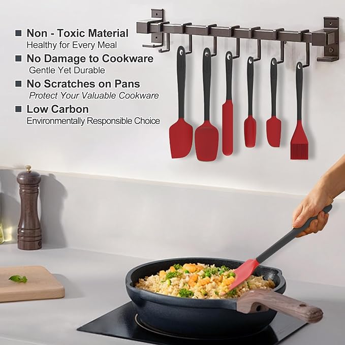 Silicone Spatula Set of 6, Food Grade, High Temperature Resistant, Dishwasher Safe, Suitable for Kitchen Baking, Cooking (Red)