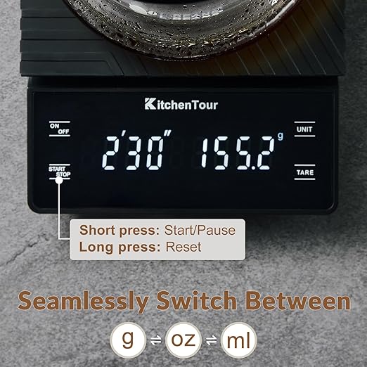 KitchenTour Coffee Scale with Timer 3kg/0.1g - High Precision Pour Over Drip Espresso Scale with Back-Lit LCD Display - Stain Steel Platform(Batteries Included)