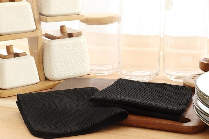 PurpleEssences Dish Cloths and Dish Rags - 6 Pack Waffle Weave Solid Kitchen Dish Wash Cloths, 100% Cotton, 12 x 12 Inches, Ultra Soft Absorbent Quick Drying - Christmas Holiday Winter - Black