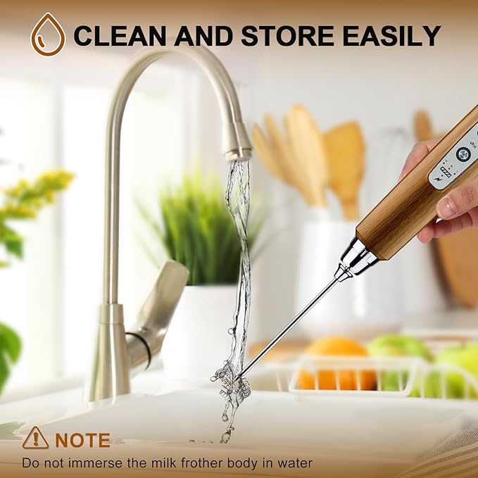 YUSWKO Wood Grain Handheld Milk Frother Wand with Stand for Coffee, Rechargeable Electric Whisk with 3 Heads 3 Speeds Drink Mixer Coffee Frother For Latte, Cappuccino, Hot Chocolate, Egg