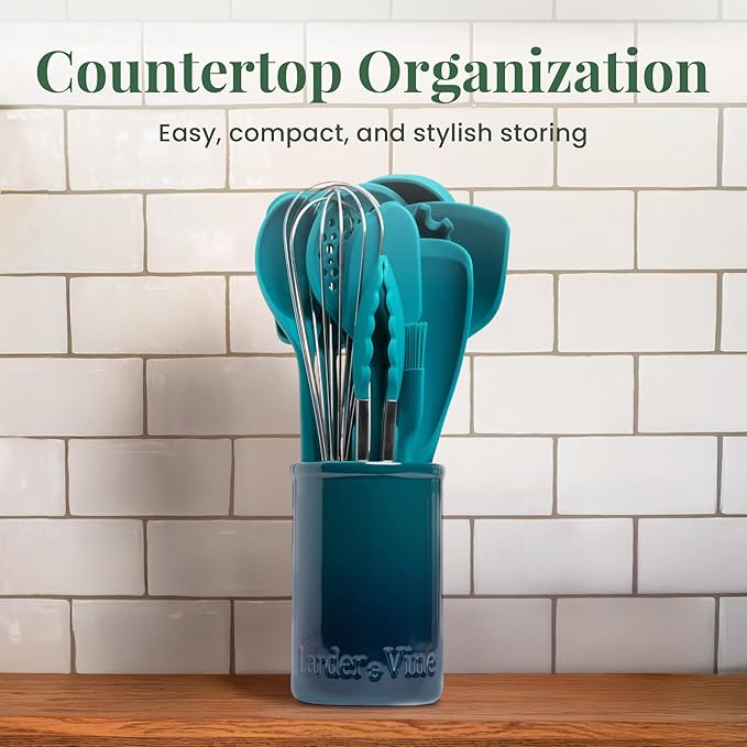 Larder & Vine 12-Piece Silicone Kitchen Cooking Utensils Set with Stainless Steel Handle and Ceramic Holder, Dishwasher Safe Set of Kitchen Essentials (Bondi)