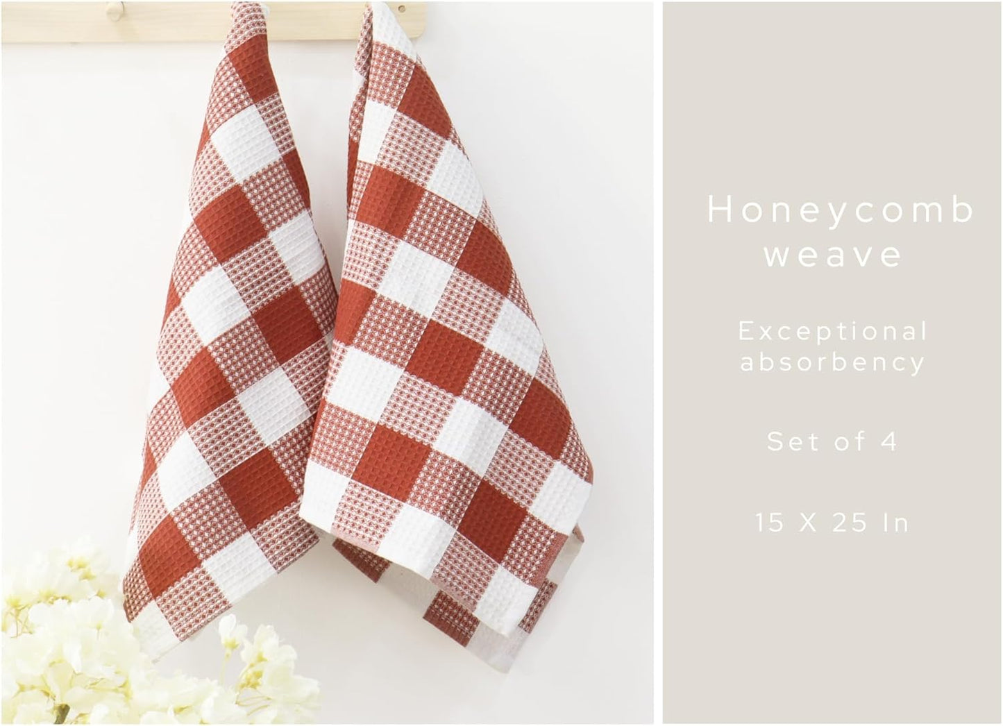 PurpleEssences Rust 100% Cotton Waffle Weave Check Plaid Kitchen Towels, Super Soft and Absorbent Dish Towels for Drying Dishes 15 x 25-4 Pack - Spring Summer - Rust and White