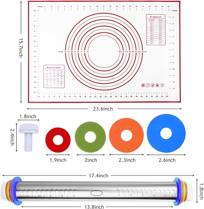 Adjustable Rolling Pin 19 Baking Tool Set and Silicone Baking Pastry Mat Set,Thickness Rings,Stainless Steel Dough Roller Rolling Pins for Baking Dough, Pizza, Pie, Pastrie(Red Mat)