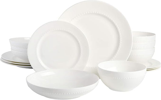 Gibson Elite Embossed Bone China 16-Piece Double Bowl Dinnerware Set, Service for 4 – White Elegant Plates and Bowls