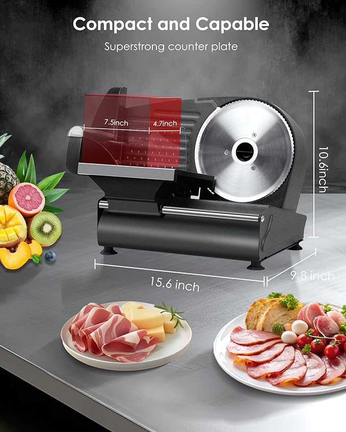 Meat Slicer Machine for Home, Electric Food Slicer with 7.5" Stainless Steel Blade, Adjustable Thickness, Easy to Clean, Cuts Meat, Bread, Cheese and Deli, Black
