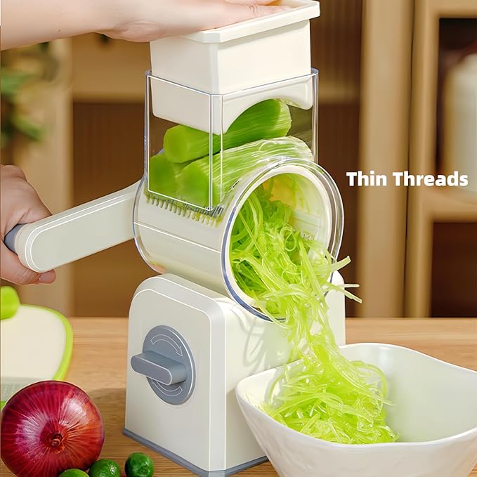 Rotary Cheese Grater with Handle,Replaceable Stainless Blades Cheese Shredder,Multi-Functional Cheese Vegetable Slicer with Storage Box,Easy to Clean Kitchen Gadgets with Storage Box (Beige, 5 Blades)