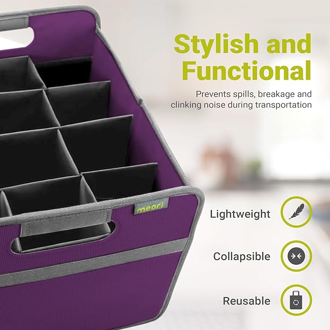 meori Foldable 12 Bottle Wine Carrier Midnight Magenta Carry Glassware Liquor Storage Bottle Shopping Travel Cocktails RV (B100793)