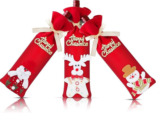 hexiaoxiao 3pcs Christmas Wine Bottle Gift Bags Cute Merry Christmas Wine Bottle Covers with Ribbon for Holiday Party gift wine bags (Santa Snowman and elk)