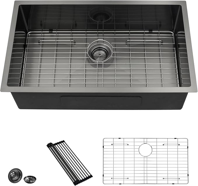 Lordear 30 Black Stainless Steel Kitchen Sink - 30x18 Inch Kitchen Sink Undermount 16 Gauge Stainless Steel Gunmetal Black Single Bowl Handmade Sinks Basin