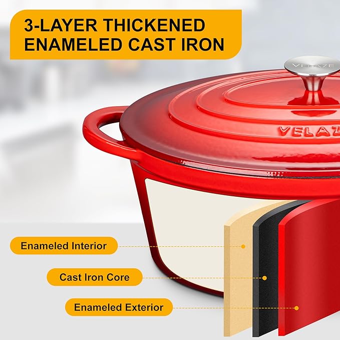 Velaze 7.5 QT Enameled Oval Dutch Oven Pot with Lid, Cast Iron Dutch Oven with Dual Handles for Bread Baking, Cooking, Frying, Non-stick Enamel Coated Cookware (RED)