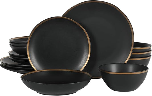Gibson Elite Kings Road Double Plates and Bowl Organic Round Porcelain Dinnerware Set - Matte Black w/Gold Rim