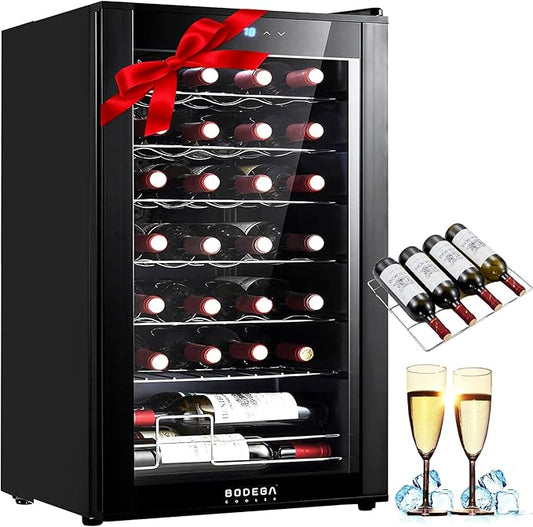 BODEGACOOLER 28 Bottle Compressor Wine Cooler for Home and Kitchen, Freestanding Mini Fridge with Digital Touchscreen, LED Display,Split Storage for Red & White Wines,Matte Black Refrigerator Home Bar
