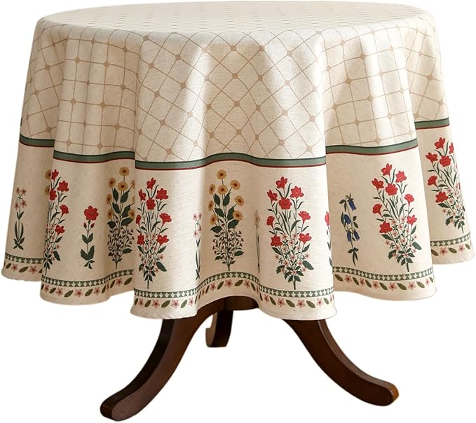 Floral Tablecloth for Round Tables,Linen Table Cloth with Colorful Flowers Pattern,Heavy Durable Table Cover for Dining Thanksgiving Kitchen Decor Party Christmas,Diameter 67"