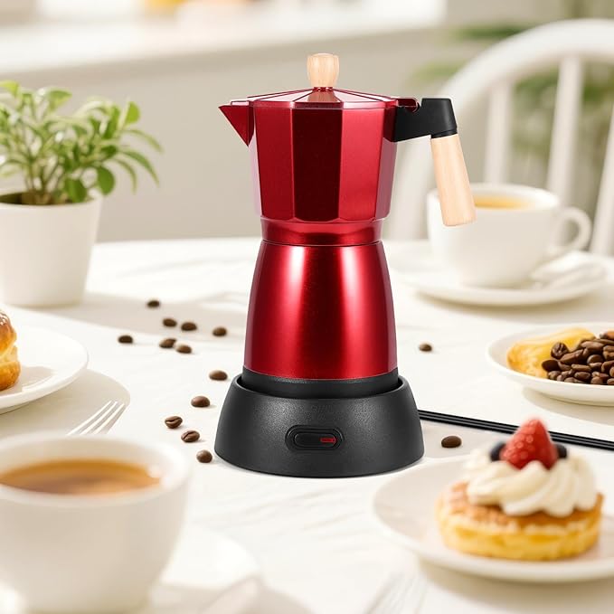 AOZBZ Moka Pot Electric Espresso Coffe Maker, 300ml 6 Cups Portable Coffee Pot with Overheat Protection and Detachable Base, Electric Espresso Maker, 450W, Red