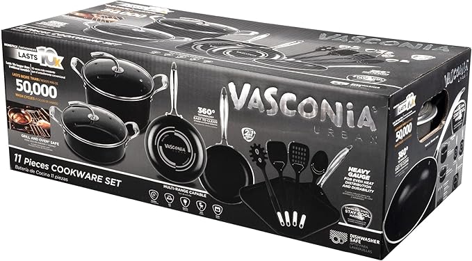 Vasconia 11-Piece Aluminum Cookware Set - Nonstick Pots and Pans with Lids - Dishwasher, Oven Safe up to 475°F - Skillets, Griddle, Casserole, Dutch Oven - Black