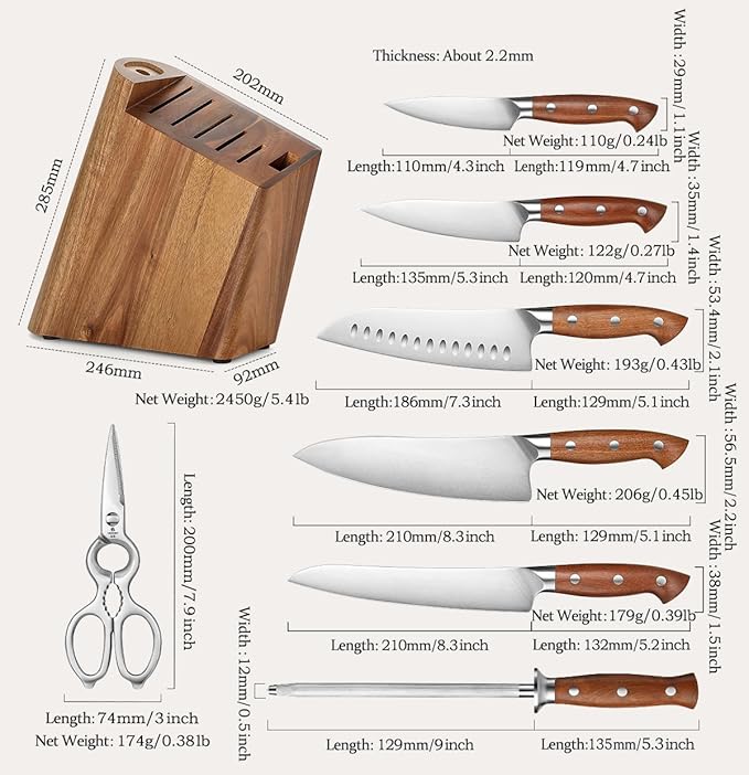 HEZHEN 8 PCS Kitchen Knife Block Set, German DIN 1.4116 Steel Knife Set with Block and Sharpener,Kitchen Shear, Ultra Sharp Blade,Red Wood Handle, Gift Packing