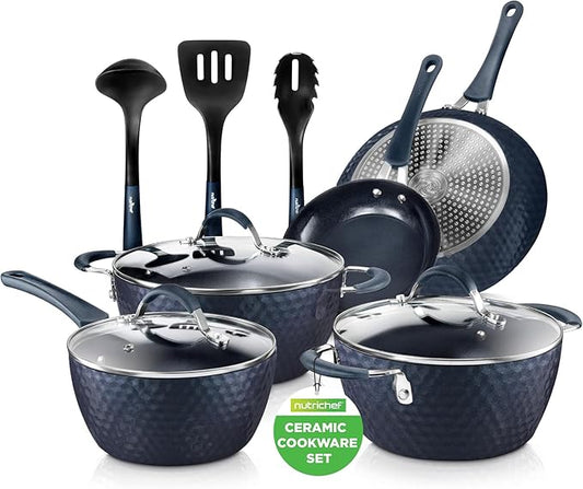 NutriChef 11 Pc Blue Diamond Nonstick Ceramic Cookware Set - Durable Pots and Pans with Cool-Touch Handles, Lids, Utensils
