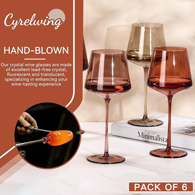Colored Wine Glasses Set of 6-18oz【Hand Blown】colored Wine Glasses with Stem-Colored Wine Glass