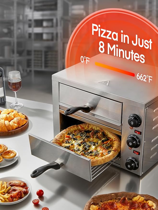 Commercial Pizza Oven, 12 Inch Countertop Pizza Ovens with 662°F Max Temp, 2-Layer Electric Pizza Cooker with Alert Timer, 1700W Stainless Steel Pizza-Maker Machine, for Restaurant,Home, Party, Silver