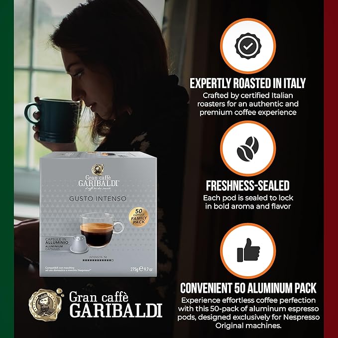 Gran Caffè Garibaldi Espresso Pods, Italian Roasted Coffee, Compatible Nespresso Original Line Machines, Nitrogen Flushed, Strong & Intense, Cocoa & Dried Fruit, Dark Roast - Gusto Intenso (Aluminum) 200 Cups
