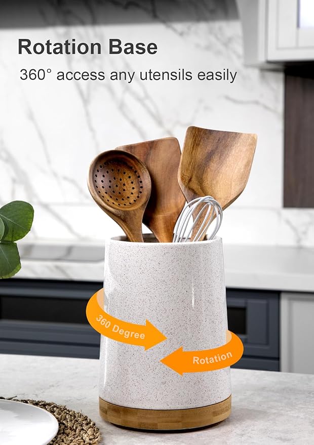 Nucookery 360° Rotating Utensils Holder, 8.2" Extra High Large Ceramic Kitchen Utensil Holder with Countertop-Protection Cork Bottom, Farmhouse Kitchen Decor for Counter (Sand)