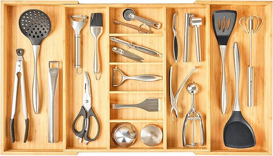 Umilife Extra Large Expandable Kitchen Drawer Organizer for Utensil and Junk, 19" Deep for Big Drawer, 19" to 33" Adjustable Bamboo Wood Drawer Divider, Cutlery Tray, Flatware Holder