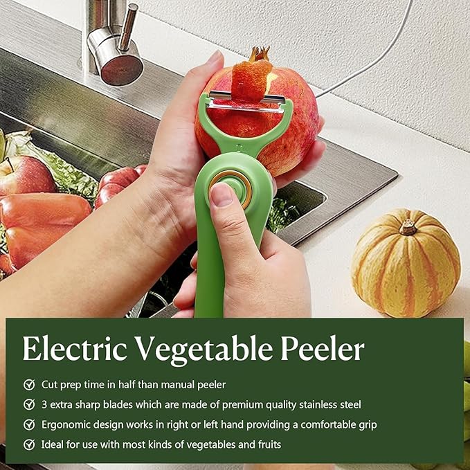 3-in-1 Electric Peeler | Auto Blade for Fruits/Vegetables | 3 Interchangeable Blades | Type-C Charging,Battery Capacity 1500 mAh | Kitchen, Travel, Camping