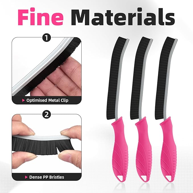 Hard Bristle Crevice Cleaning Brush - Cleaning Supplies - Grout Cleaning Brushes for Household Use - Crevice Cleaning Tool for Bathroom, Home and Kitchen (3, Rose)