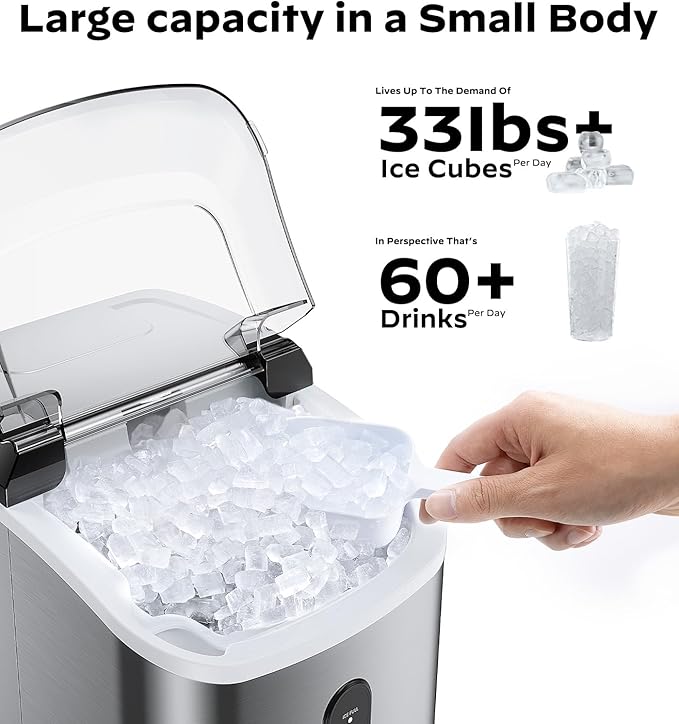 Nugget Ice Maker Countertop, Silonn Chewable Pellet Ice Machine with Self-Cleanin Function, 33lbs/24H Portable Ice Makers for Home Kitchen Officce, Stainless Steel