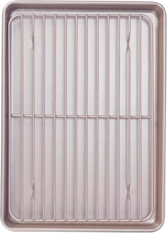 13-inch Baking Sheet Pan with Rack, Non-Stick Rectangular Shallow Dish Sheet Pan with Wire Rack for Oven Baking, BBQ, Jelly Roll and Roasting 13.5" x 9.6" x 1" (Champagne Gold)