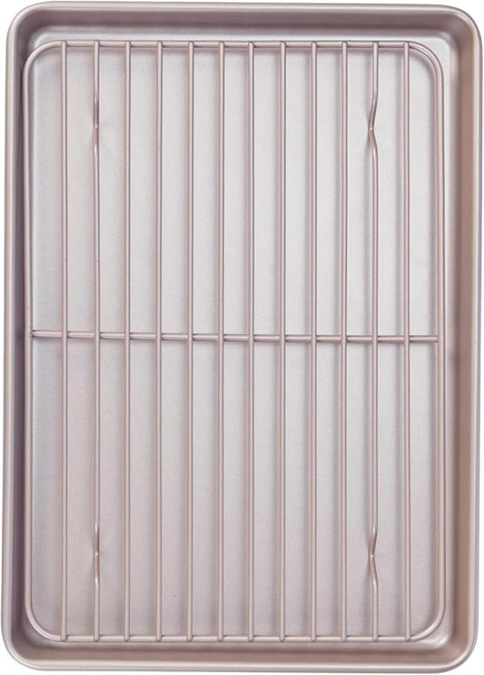 13-inch Baking Sheet Pan with Rack, Non-Stick Rectangular Shallow Dish Sheet Pan with Wire Rack for Oven Baking, BBQ, Jelly Roll and Roasting 13.5" x 9.6" x 1" (Champagne Gold)