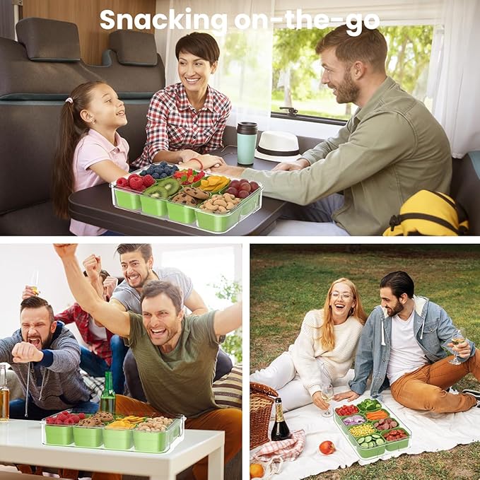 2 Pack Divided Serving Tray with Lid and Handle-Snackle Box Large Charcuterie Container for Portable Fridge Snack Platters-Reusable 8 Compartment Clear Storage Organizer(Green)