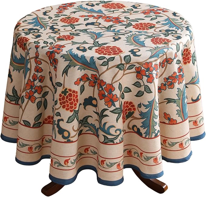 patdrea Designer Floral Linen Table Cloth Durable Breathable Tabletop Cover Dacorative Kitchen Dining Tablecloth for Round Tables for Kitchen Dining Parties,Holiday Christmas,Diameter 55"