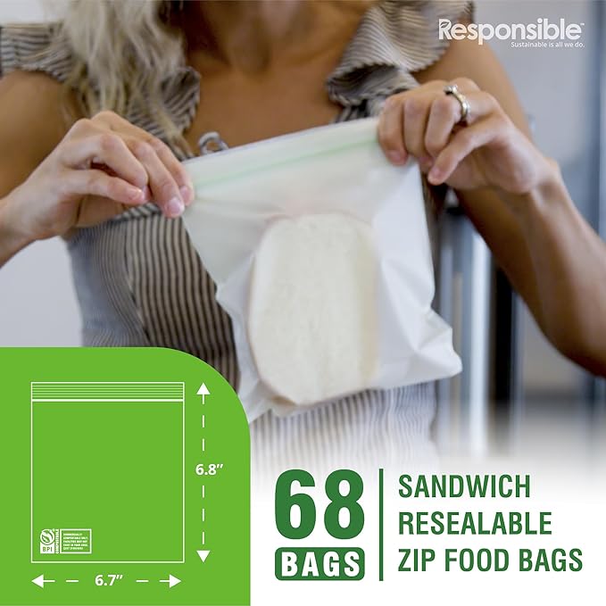 Certified Compostable SANDWICH Resealable Zip Bag, Extra Strength Food Bags, Plant-Based Freezer-Safe (68 Pack)