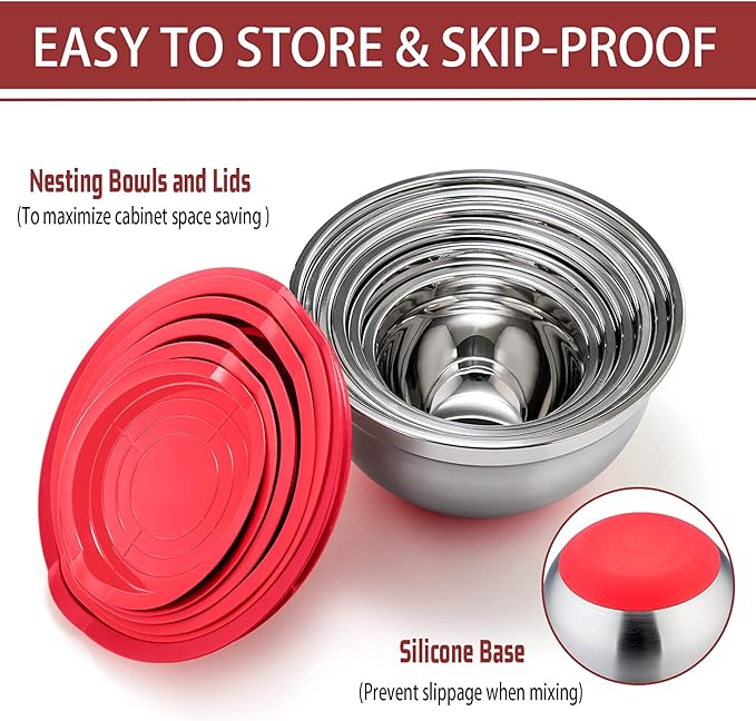 P&P CHEF Mixing Bowls With Lids, Set of 6, Stainless Steel Nesting Mixing Bowls & Fitting Lids & Non-Slip Silicone Bottom, Ideal for Mixing, Storing, Size 0.7/1/1.5/2.5/3/4.6 Qt, Red