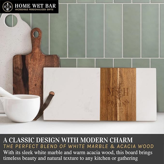 HomeWetBar Personalized Acacia Charcuterie Board | Custom 15" x 7" White Marble & Acacia Wood Cheese Board | Perfect Housewarming + Wedding + Couples Gift Idea