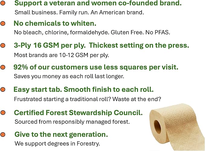 100% Bamboo, thick 3-ply toilet paper, tree-free, unbleached, sustainable, 300 sheets per roll (TP 24)