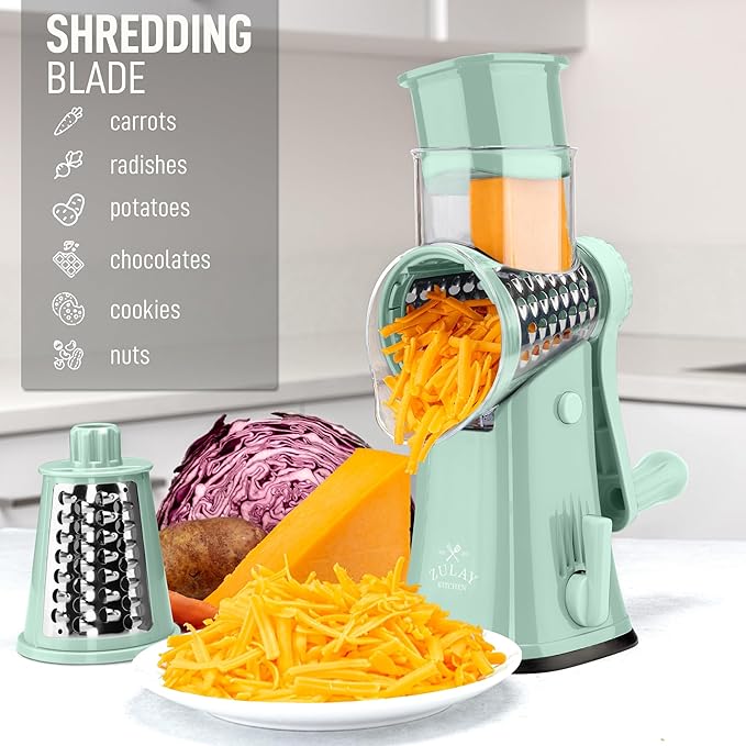 Zulay Kitchen Rotary Cheese Grater 5 Blade Cheese Shredder - Manual Hand Crank Cheese Grater With Reinforced Suction & 5 Interchangeable Drums - Easy to Use, Vegetable Chopper Round Mandoline Slicer