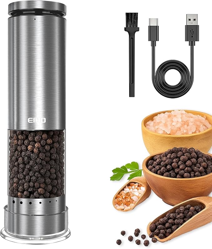 Electric Salt and Pepper Grinder Set Rechargeable, Automatic Salt and Pepper Shakers Mills with 6-Level External Adjustable Coarseness, LED Light, House Warming Cooking Gifts for Women Men